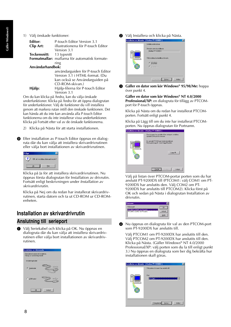Installation av skrivardrivrutin, Anslutning till serieport | Brother PT-9200DX User Manual | Page 50 / 156