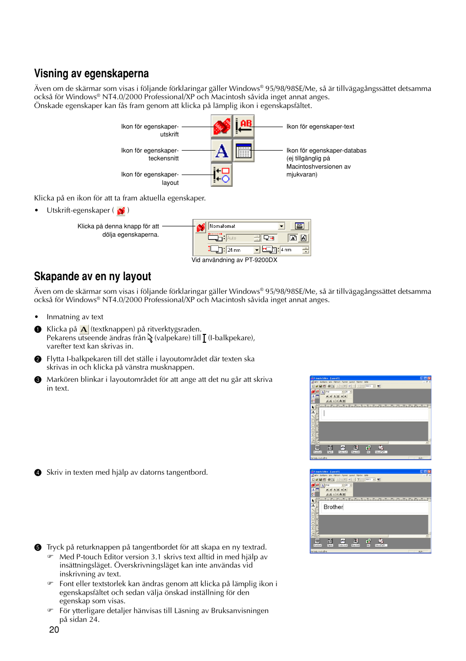 Visning av egenskaperna, Skapande av en ny layout | Brother PT-9200DX User Manual | Page 62 / 156