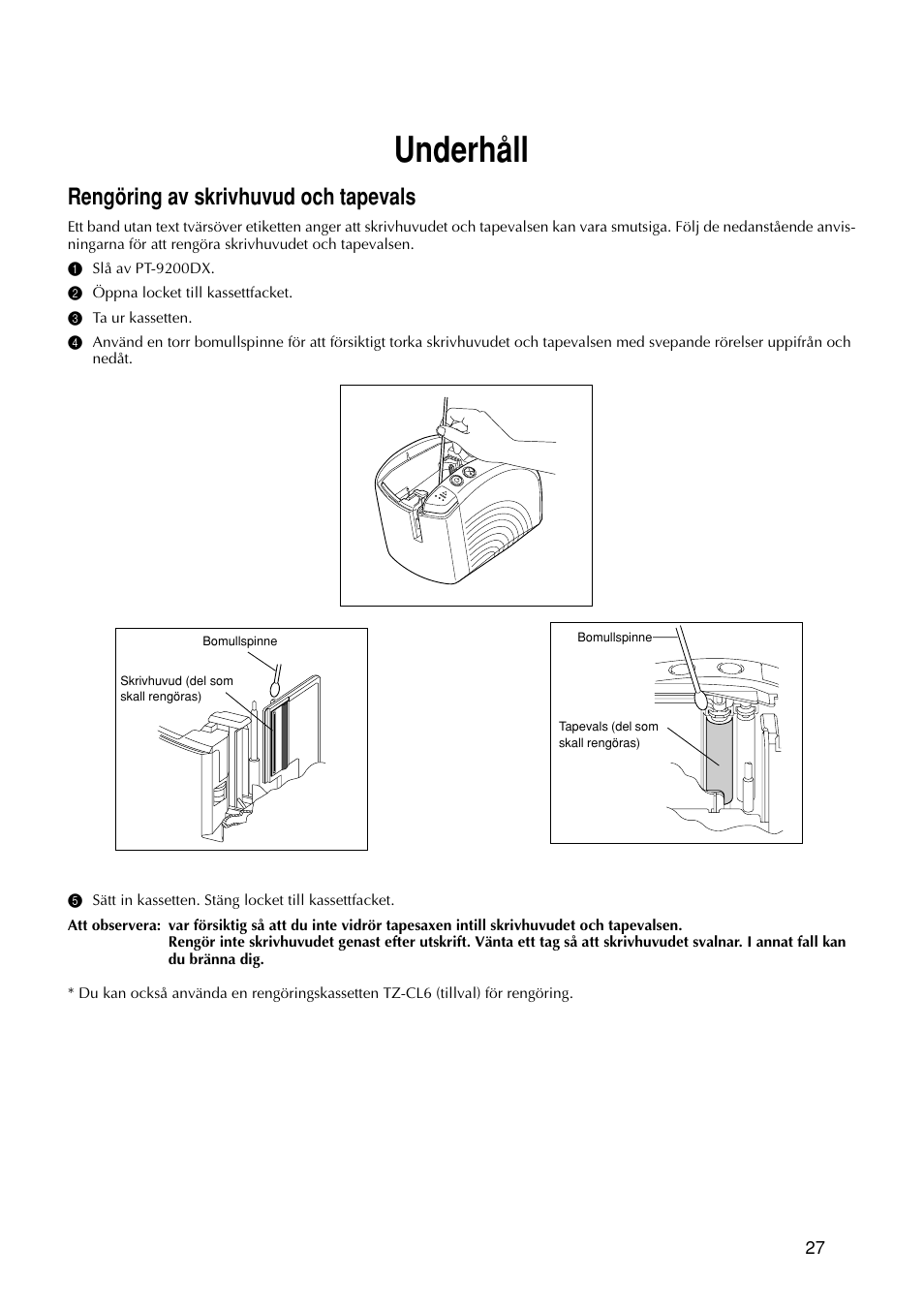 Underhåll, Rengöring av skrivhuvud och tapevals | Brother PT-9200DX User Manual | Page 69 / 156