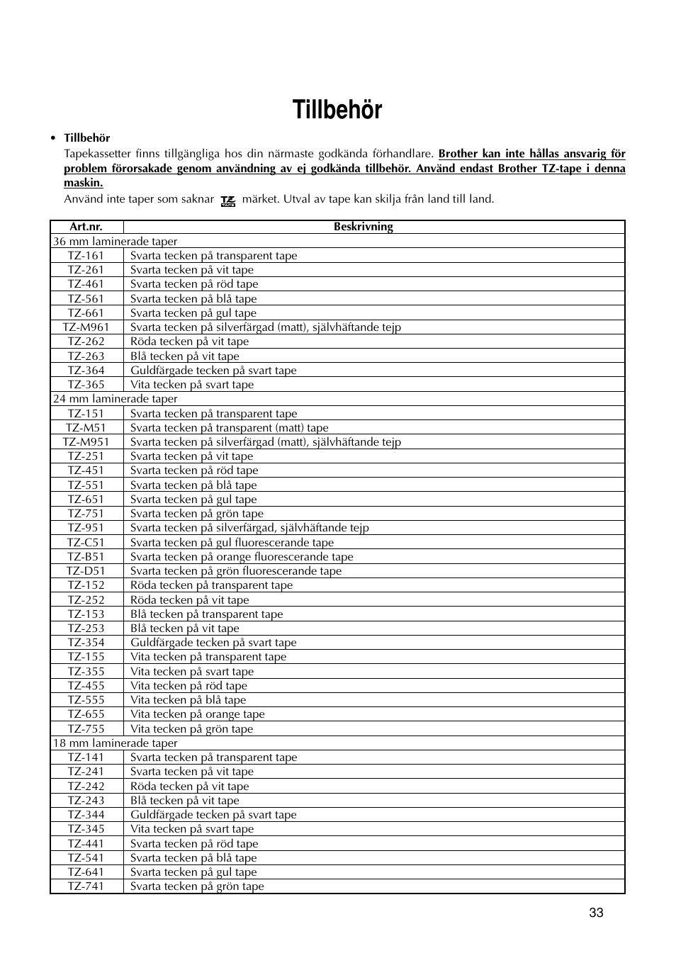 Tillbehör | Brother PT-9200DX User Manual | Page 75 / 156