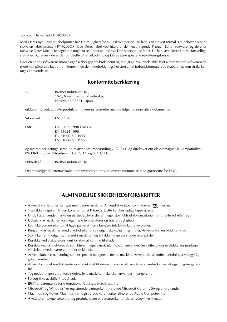 Konformitetserklæring, Almindelige sikkerhedsforskrifter | Brother PT-9200DX User Manual | Page 80 / 156