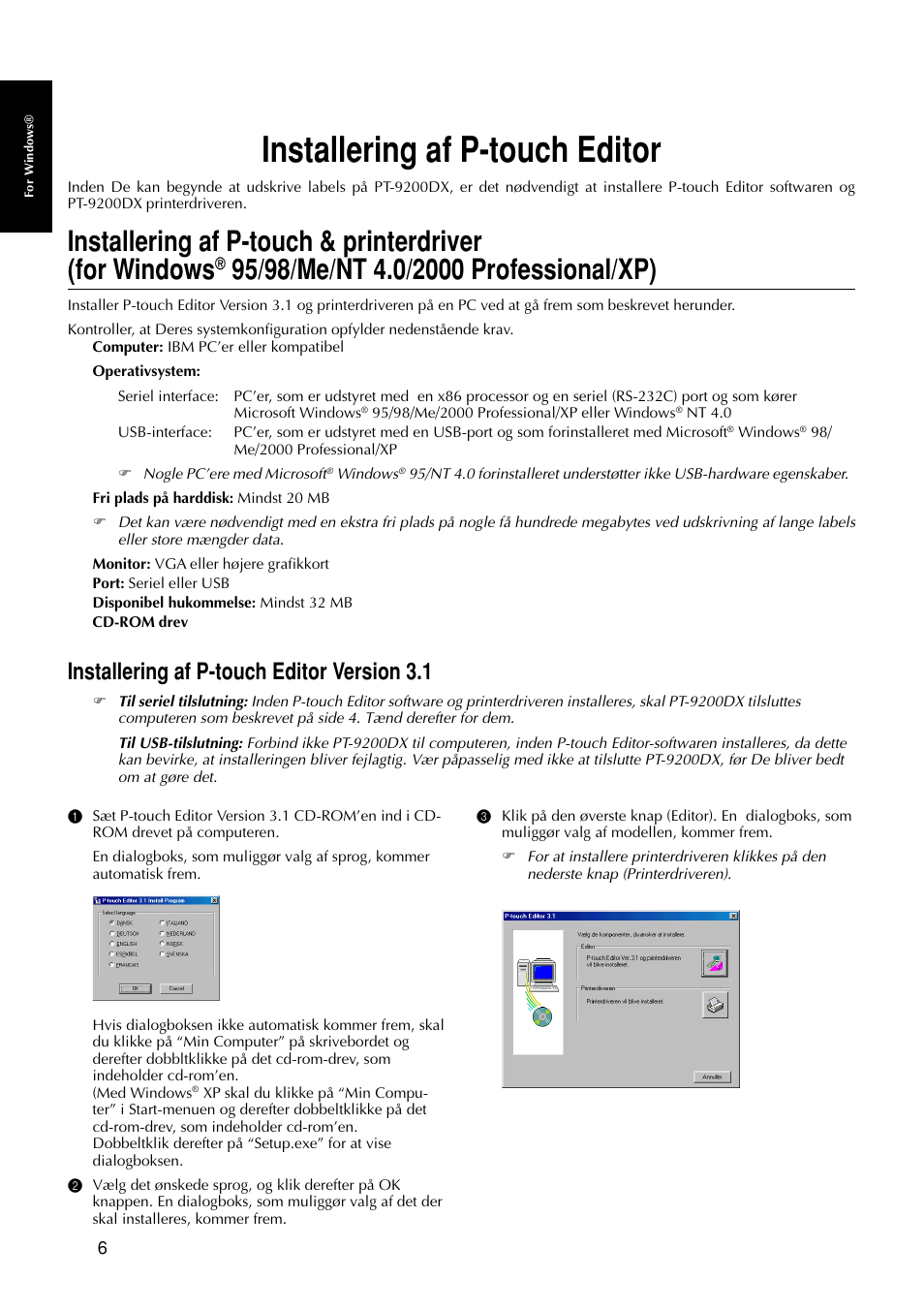 Installering af p-touch editor, Installering af p-touch editor version 3.1 | Brother PT-9200DX User Manual | Page 86 / 156