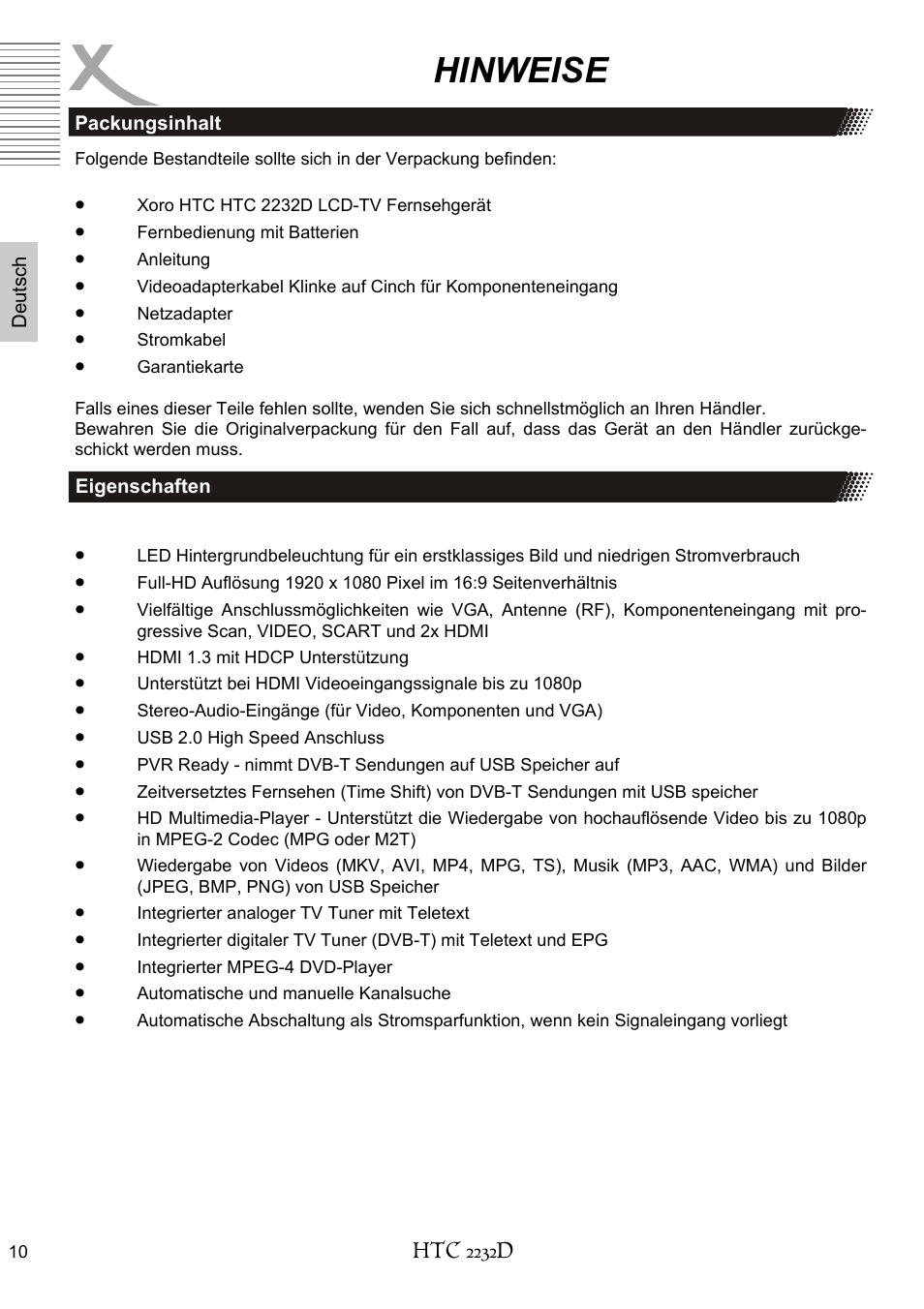 Hinweise | Xoro HTC 2232D User Manual | Page 10 / 198