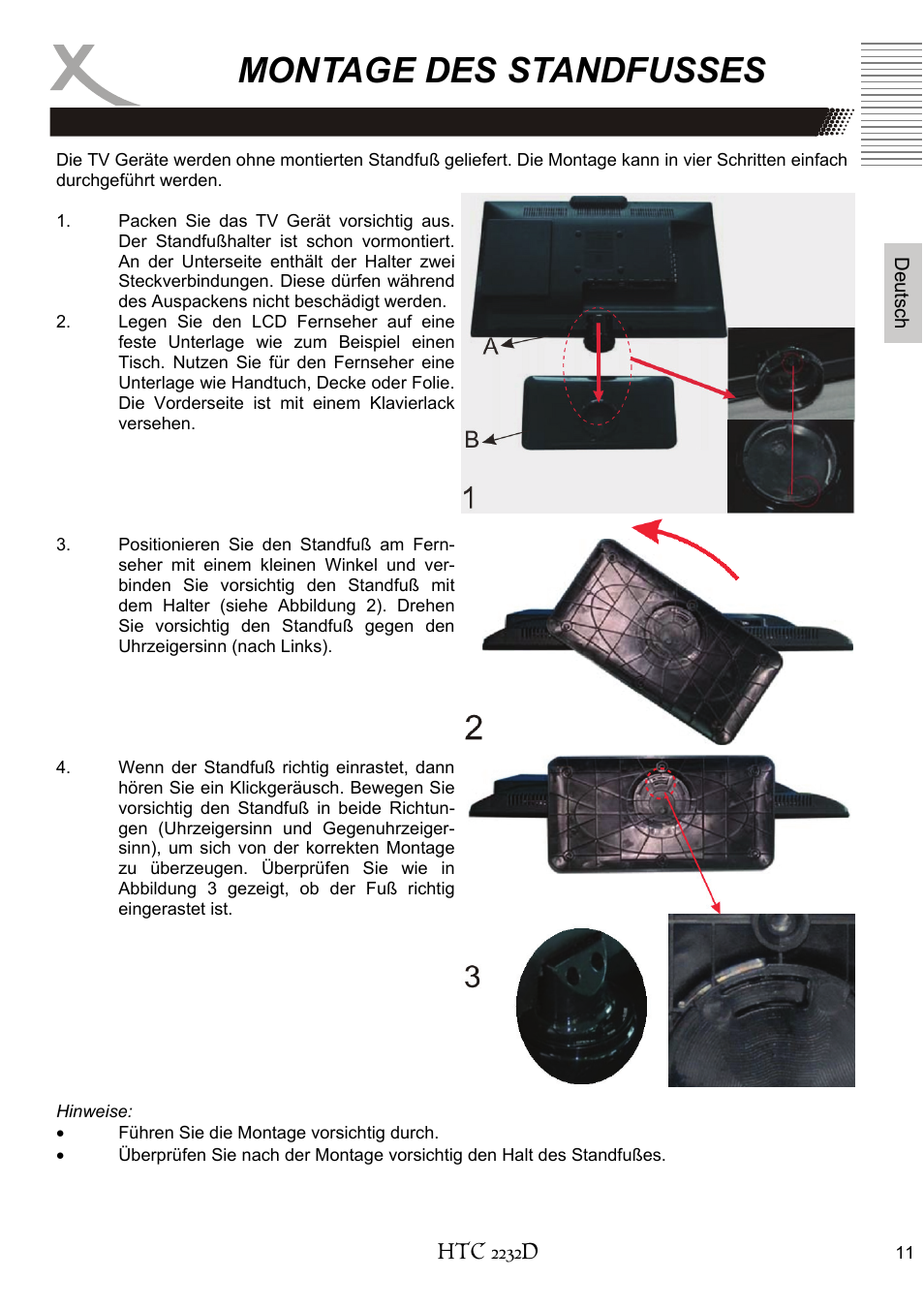 Montage des standfusses | Xoro HTC 2232D User Manual | Page 11 / 198