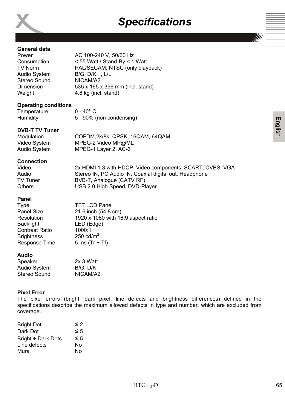 Specifications | Xoro HTC 2232D User Manual | Page 131 / 198