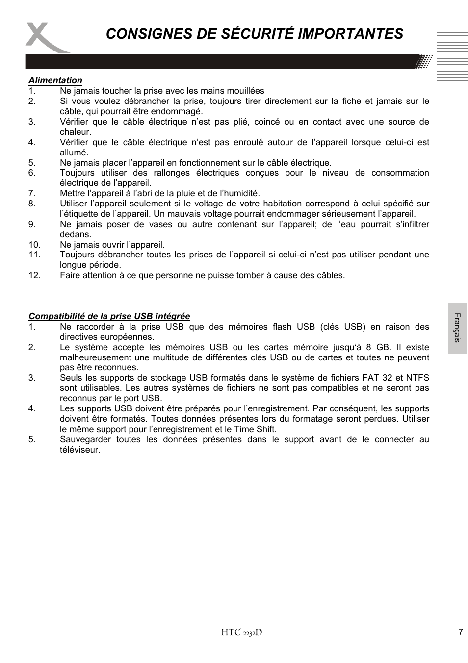 Consignes de sécurité importantes | Xoro HTC 2232D User Manual | Page 137 / 198