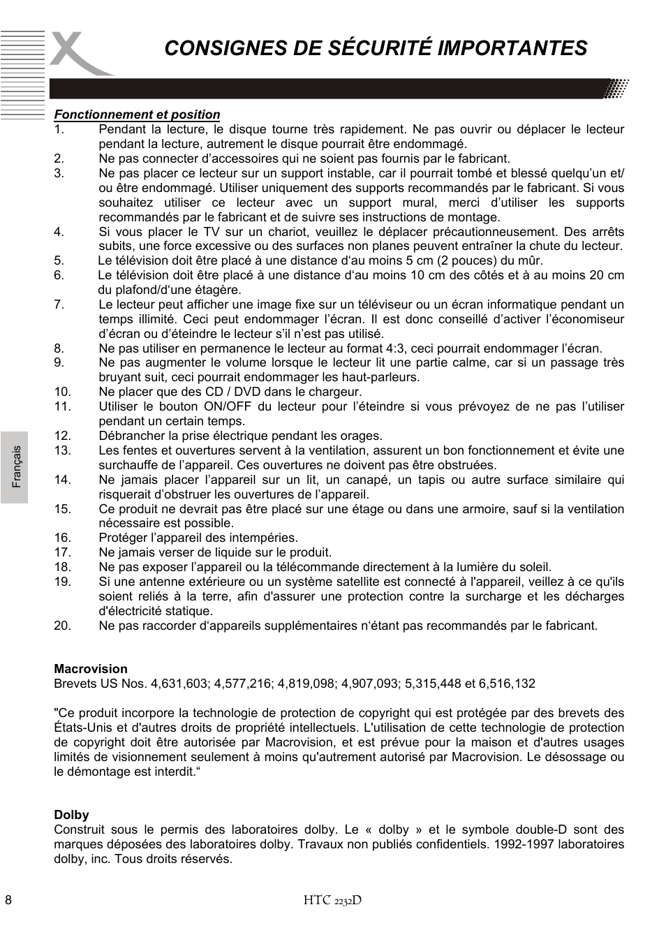 Consignes de sécurité importantes | Xoro HTC 2232D User Manual | Page 138 / 198