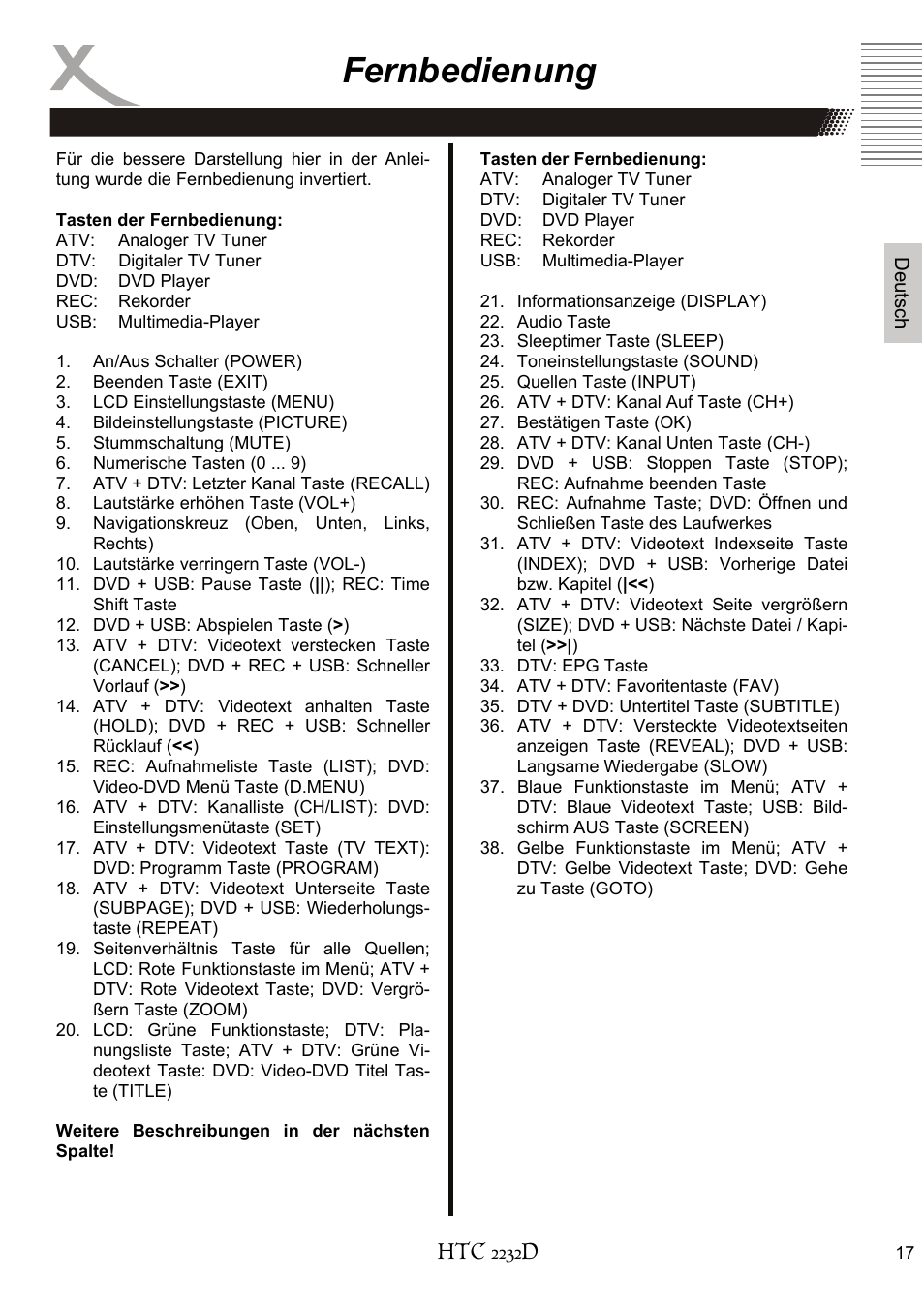 Fernbedienung, Htc 2232d | Xoro HTC 2232D User Manual | Page 17 / 198