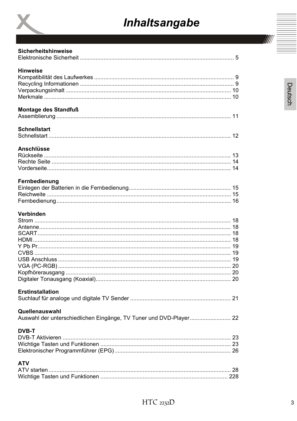 Inhaltsangabe | Xoro HTC 2232D User Manual | Page 3 / 198