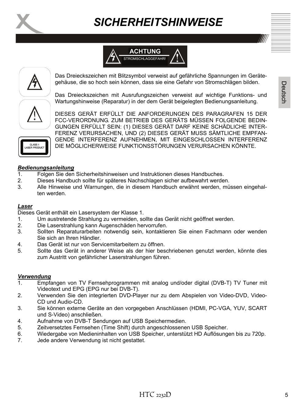 Sicherheitshinweise | Xoro HTC 2232D User Manual | Page 5 / 198