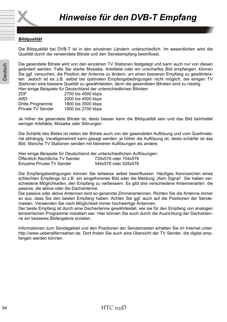 Hinweise für den dvb-t empfang | Xoro HTC 2232D User Manual | Page 54 / 198