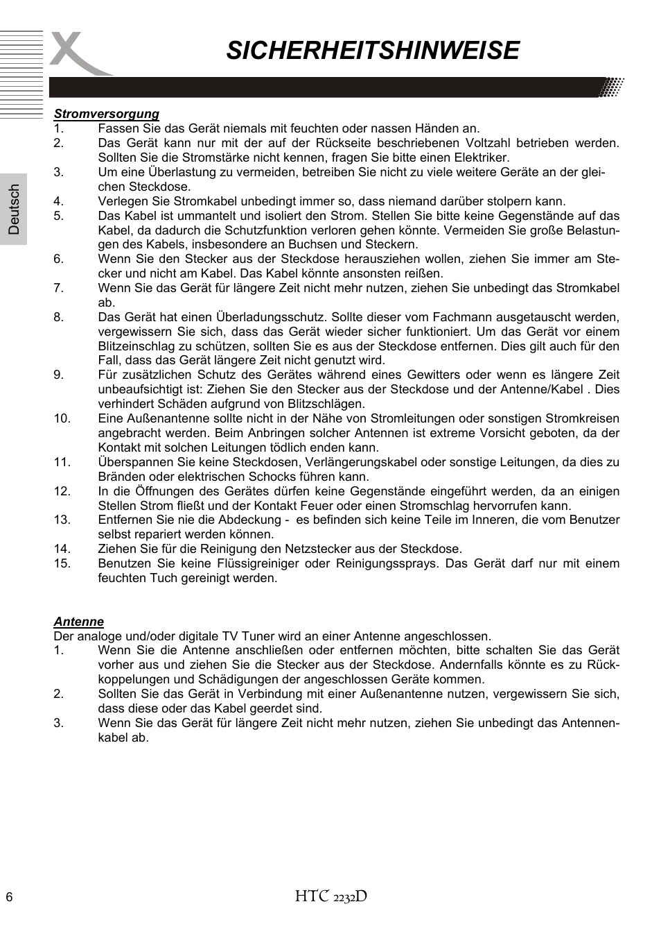 Sicherheitshinweise | Xoro HTC 2232D User Manual | Page 6 / 198