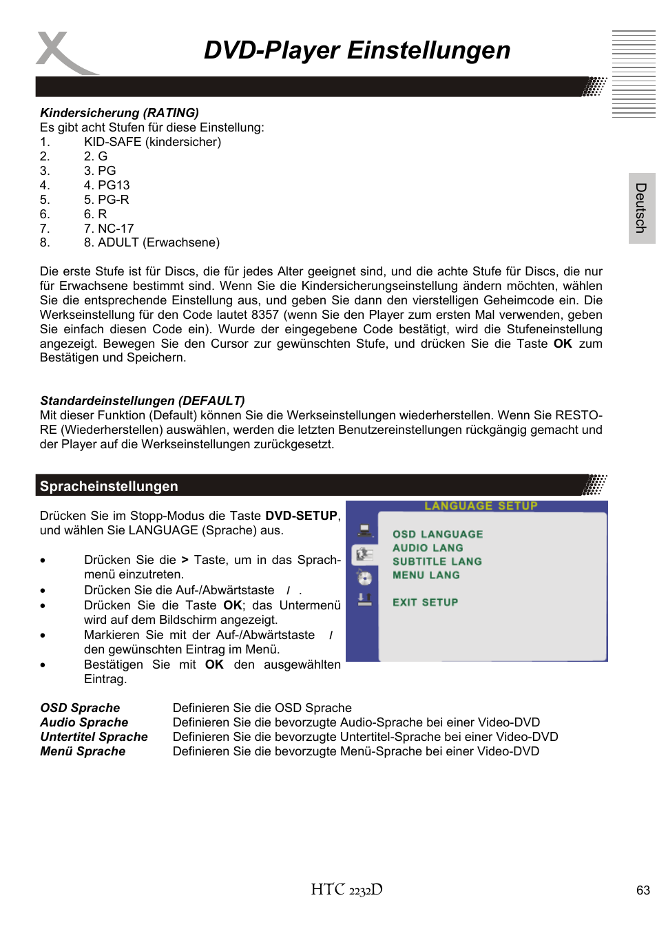 Dvd-player einstellungen, Htc 2232d | Xoro HTC 2232D User Manual | Page 63 / 198