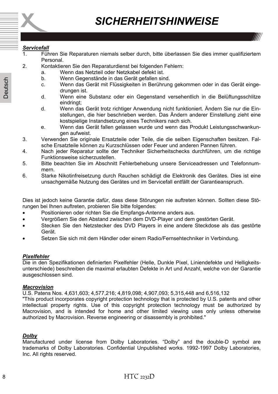 Sicherheitshinweise | Xoro HTC 2232D User Manual | Page 8 / 198
