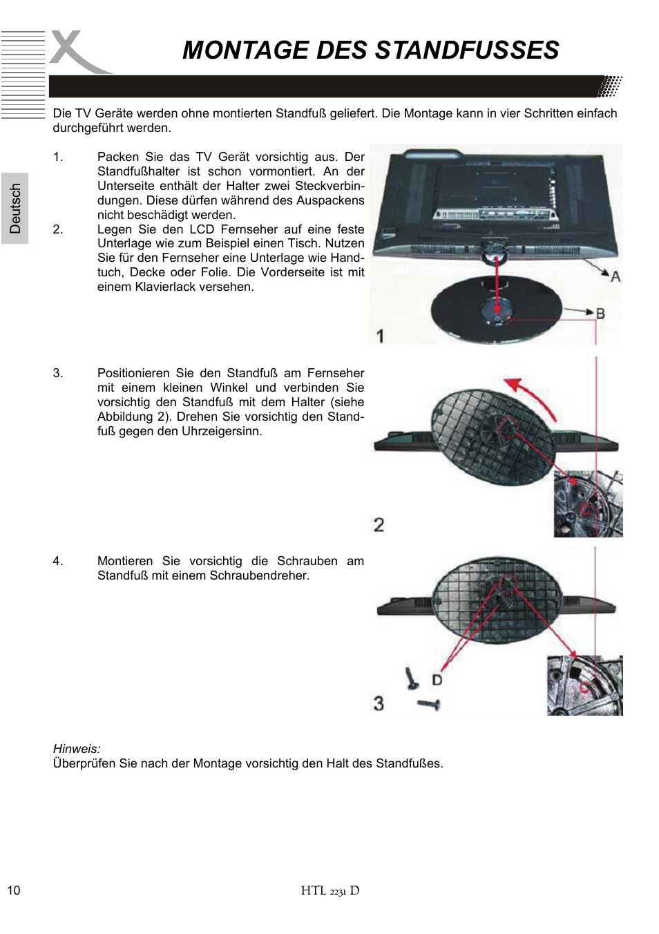Montage des standfusses | Xoro HTL 2231D User Manual | Page 10 / 154