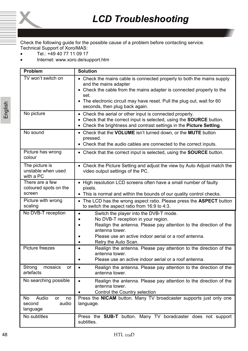 Lcd troubleshooting | Xoro HTL 2231D User Manual | Page 100 / 154