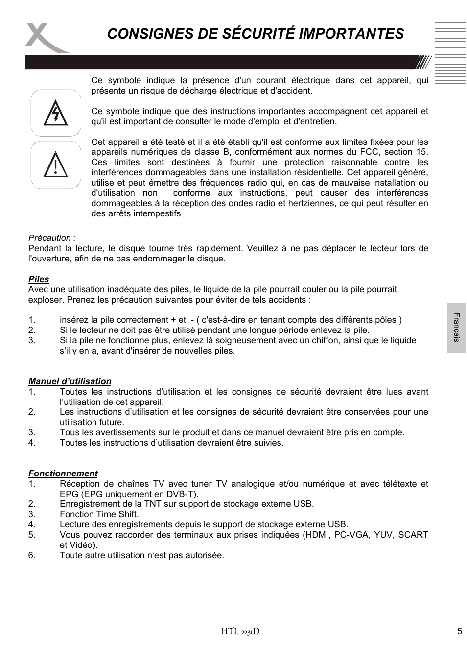 Consignes de sécurité importantes | Xoro HTL 2231D User Manual | Page 107 / 154