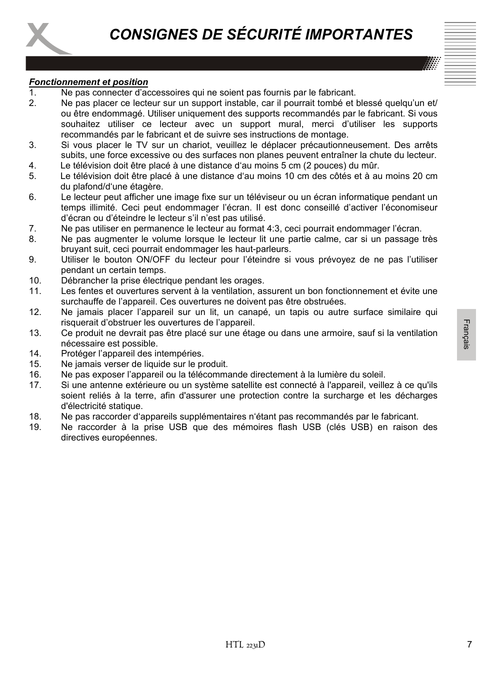 Consignes de sécurité importantes | Xoro HTL 2231D User Manual | Page 109 / 154