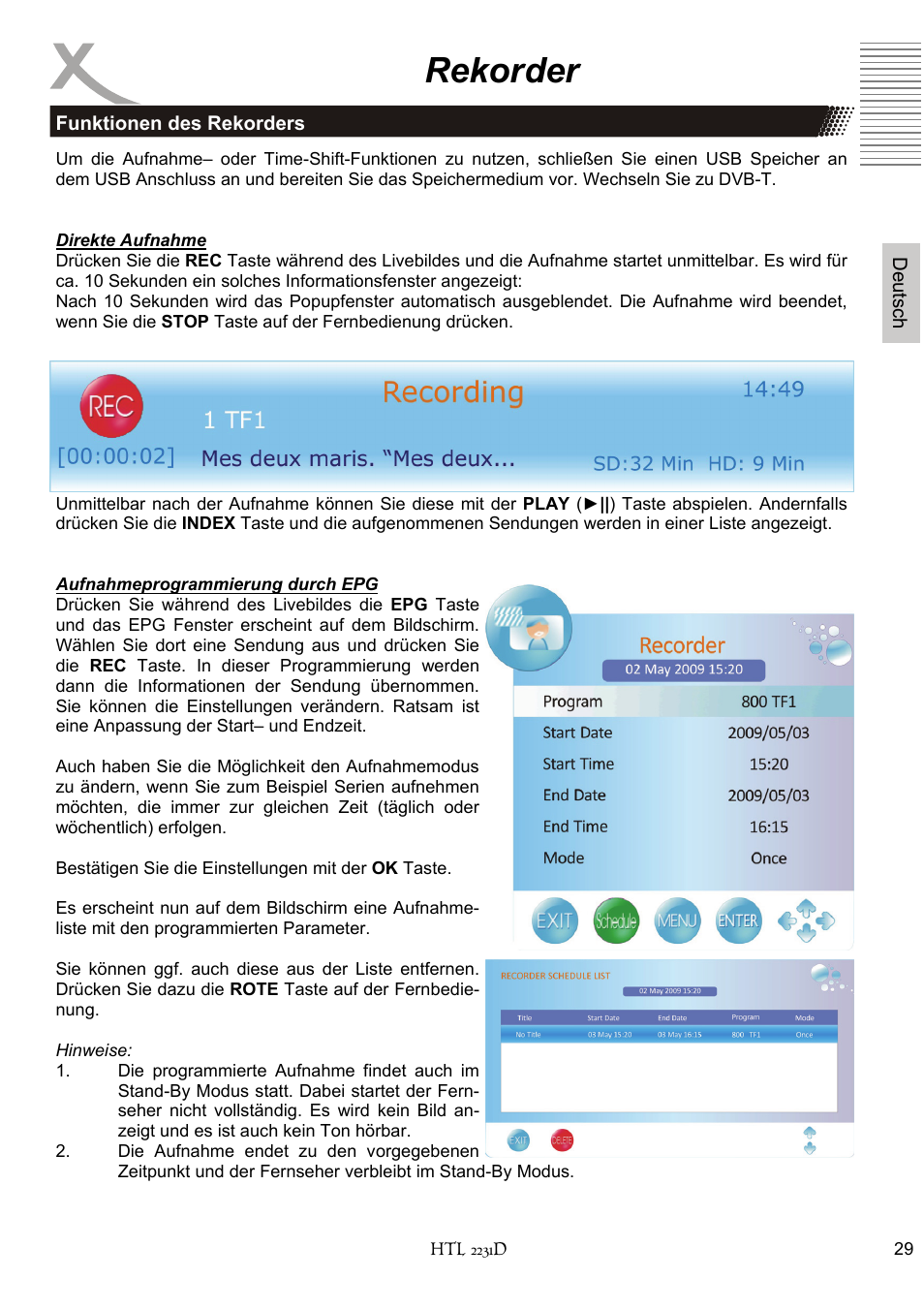 Rekorder | Xoro HTL 2231D User Manual | Page 29 / 154