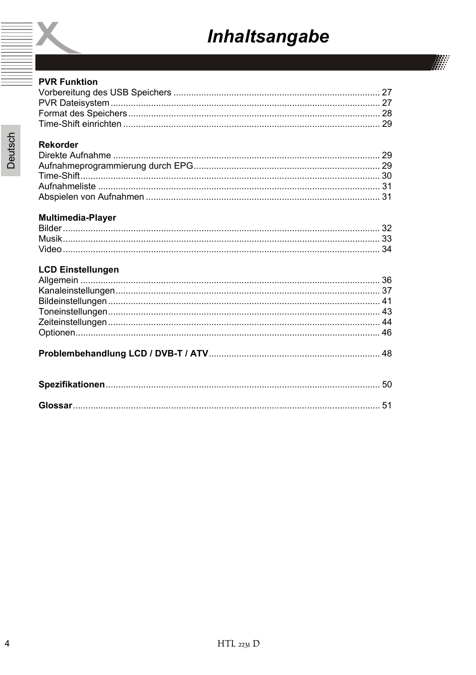 Inhaltsangabe | Xoro HTL 2231D User Manual | Page 4 / 154