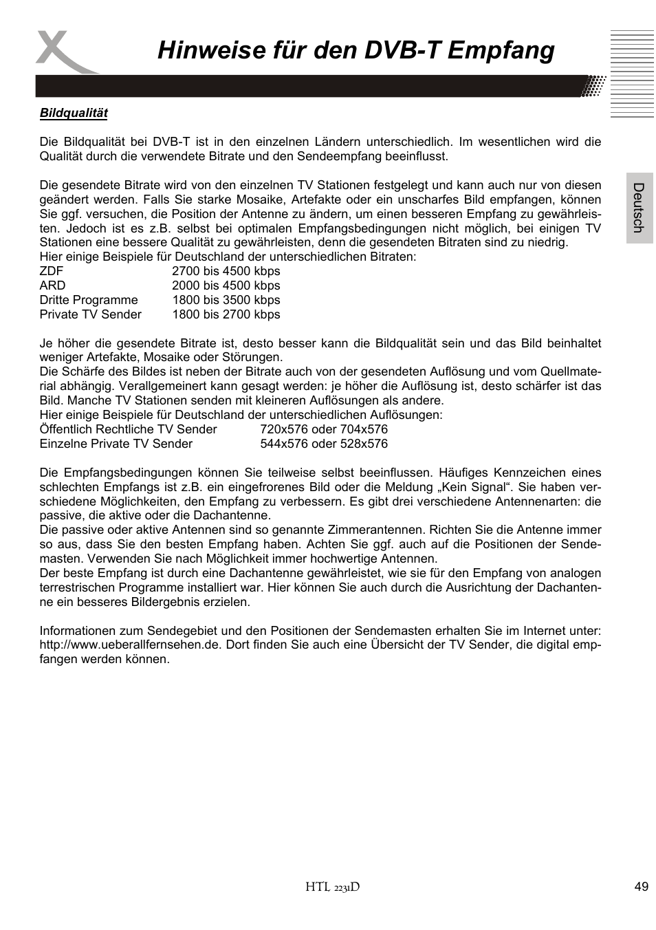 Hinweise für den dvb-t empfang | Xoro HTL 2231D User Manual | Page 49 / 154