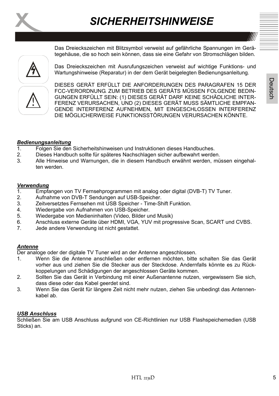 Sicherheitshinweise | Xoro HTL 2231D User Manual | Page 5 / 154