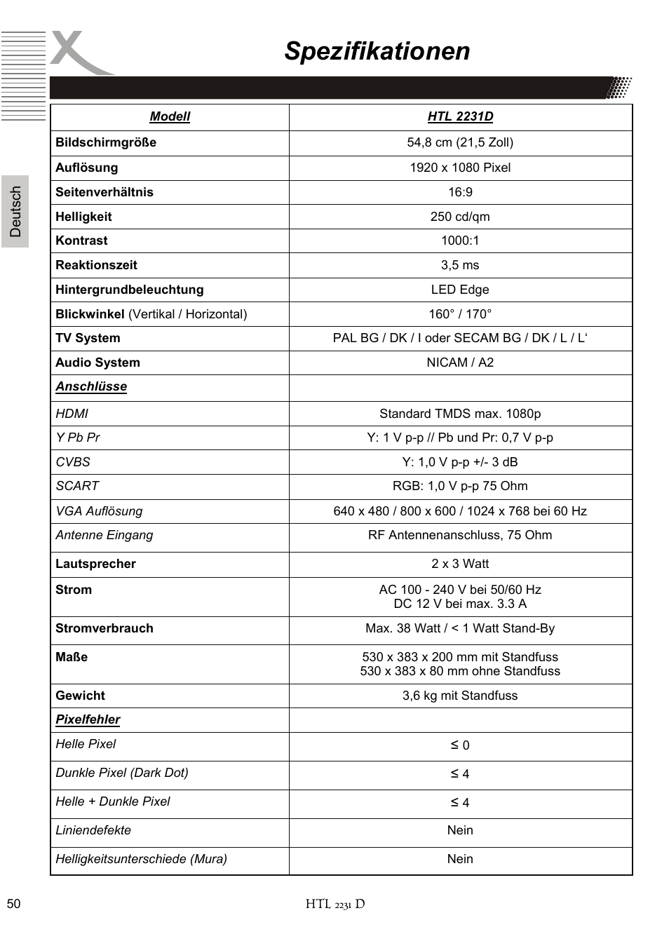 Spezifikationen | Xoro HTL 2231D User Manual | Page 50 / 154