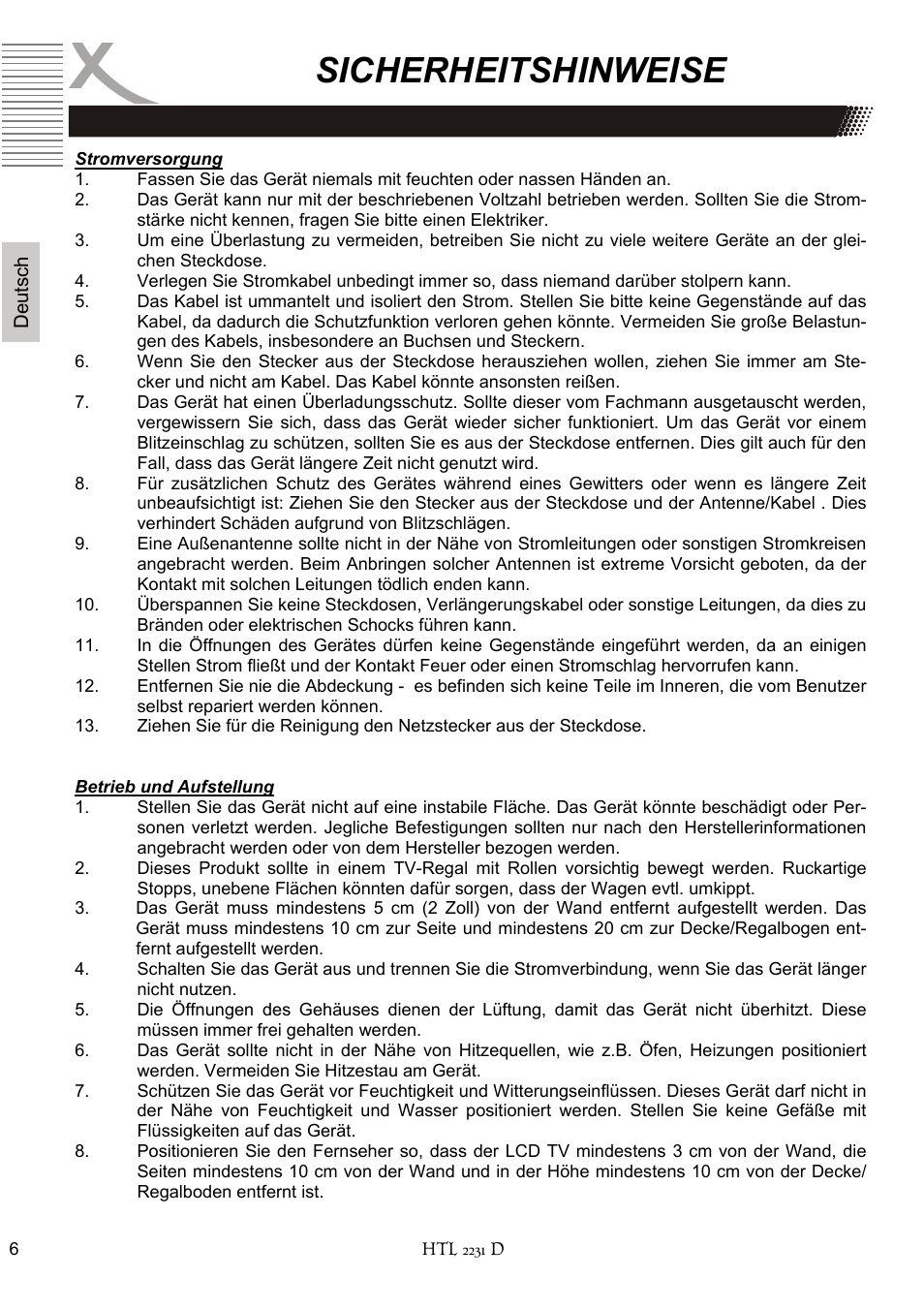 Sicherheitshinweise | Xoro HTL 2231D User Manual | Page 6 / 154