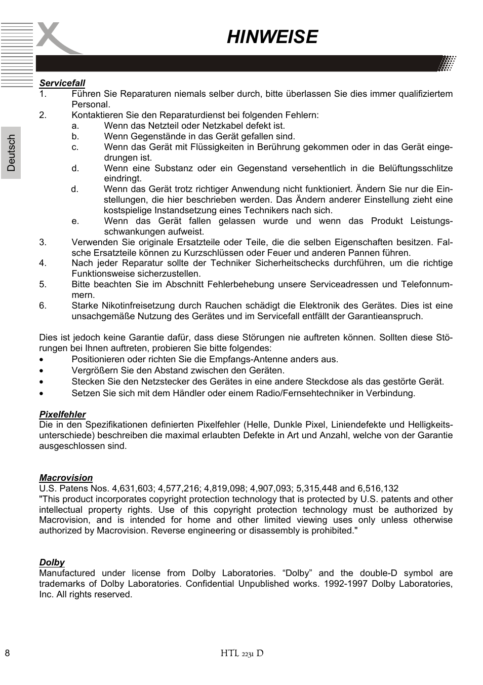 Hinweise | Xoro HTL 2231D User Manual | Page 8 / 154