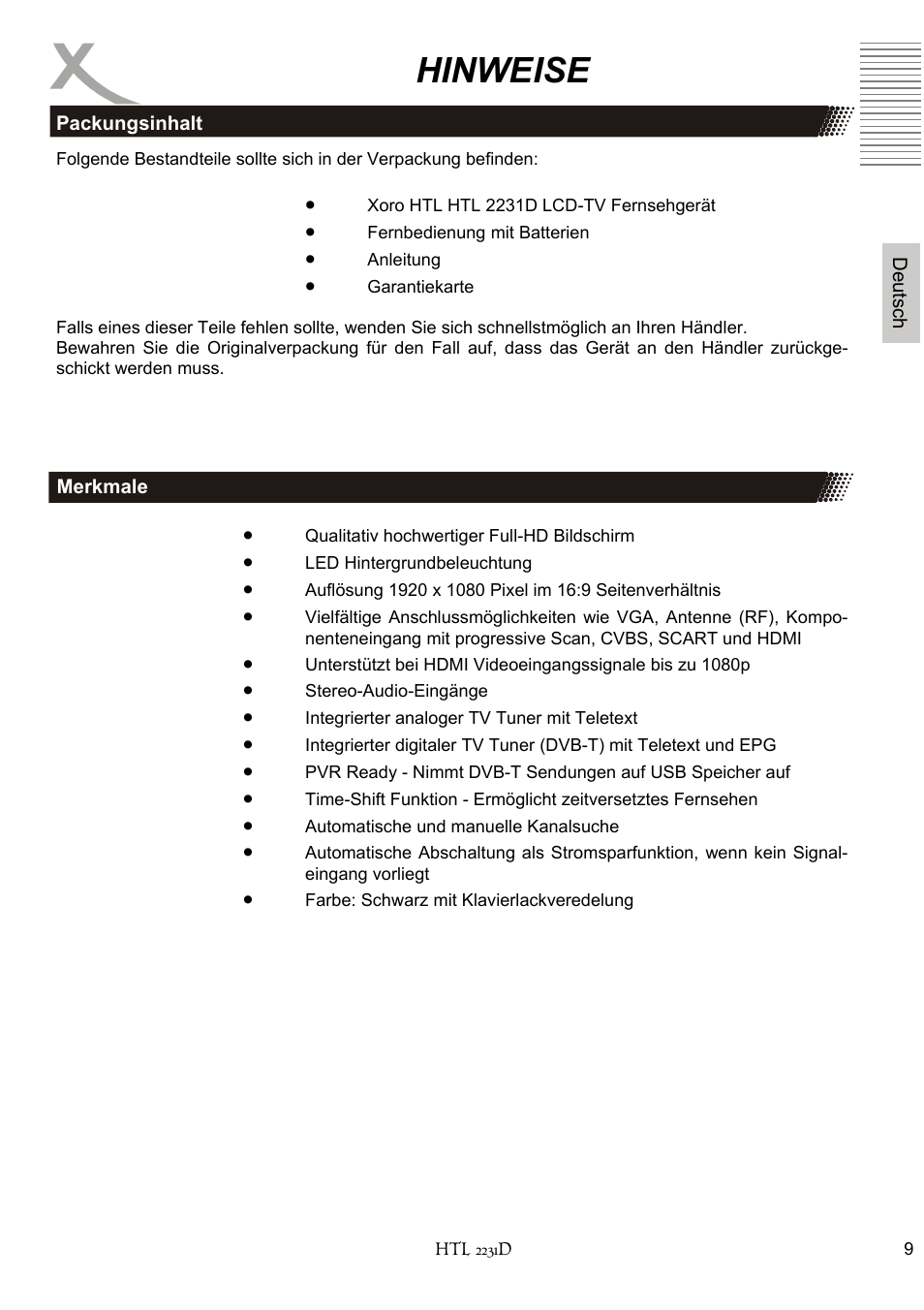 Hinweise | Xoro HTL 2231D User Manual | Page 9 / 154