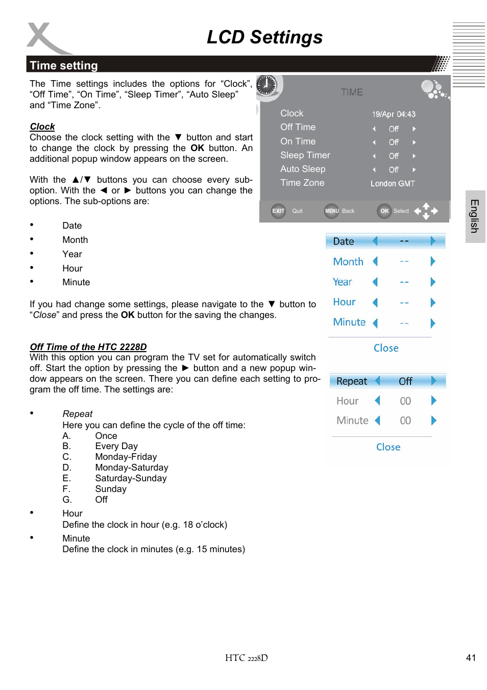 Lcd settings, Time setting | Xoro HTC 2228D User Manual | Page 101 / 174