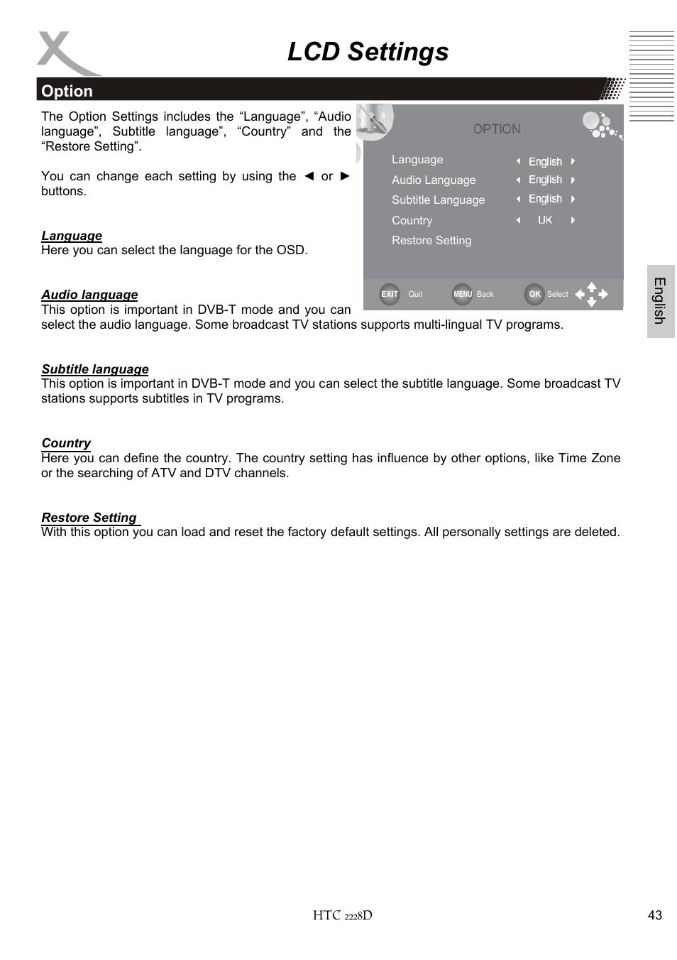 Lcd settings, Option | Xoro HTC 2228D User Manual | Page 103 / 174