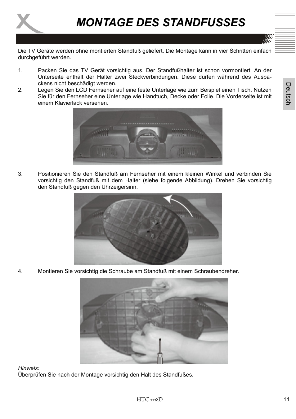 Montage des standfusses | Xoro HTC 2228D User Manual | Page 11 / 174