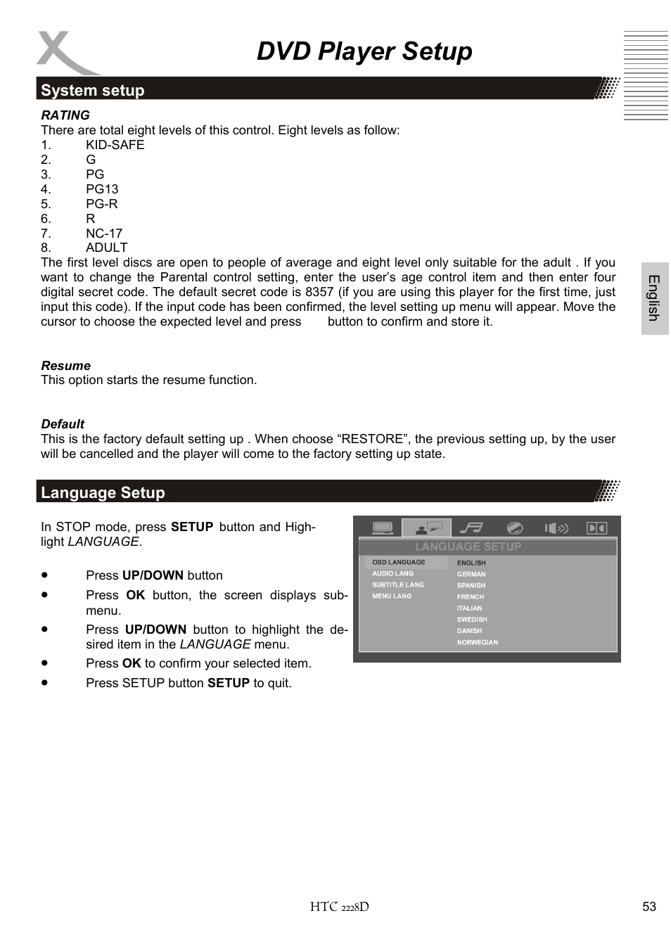 Dvd player setup | Xoro HTC 2228D User Manual | Page 113 / 174