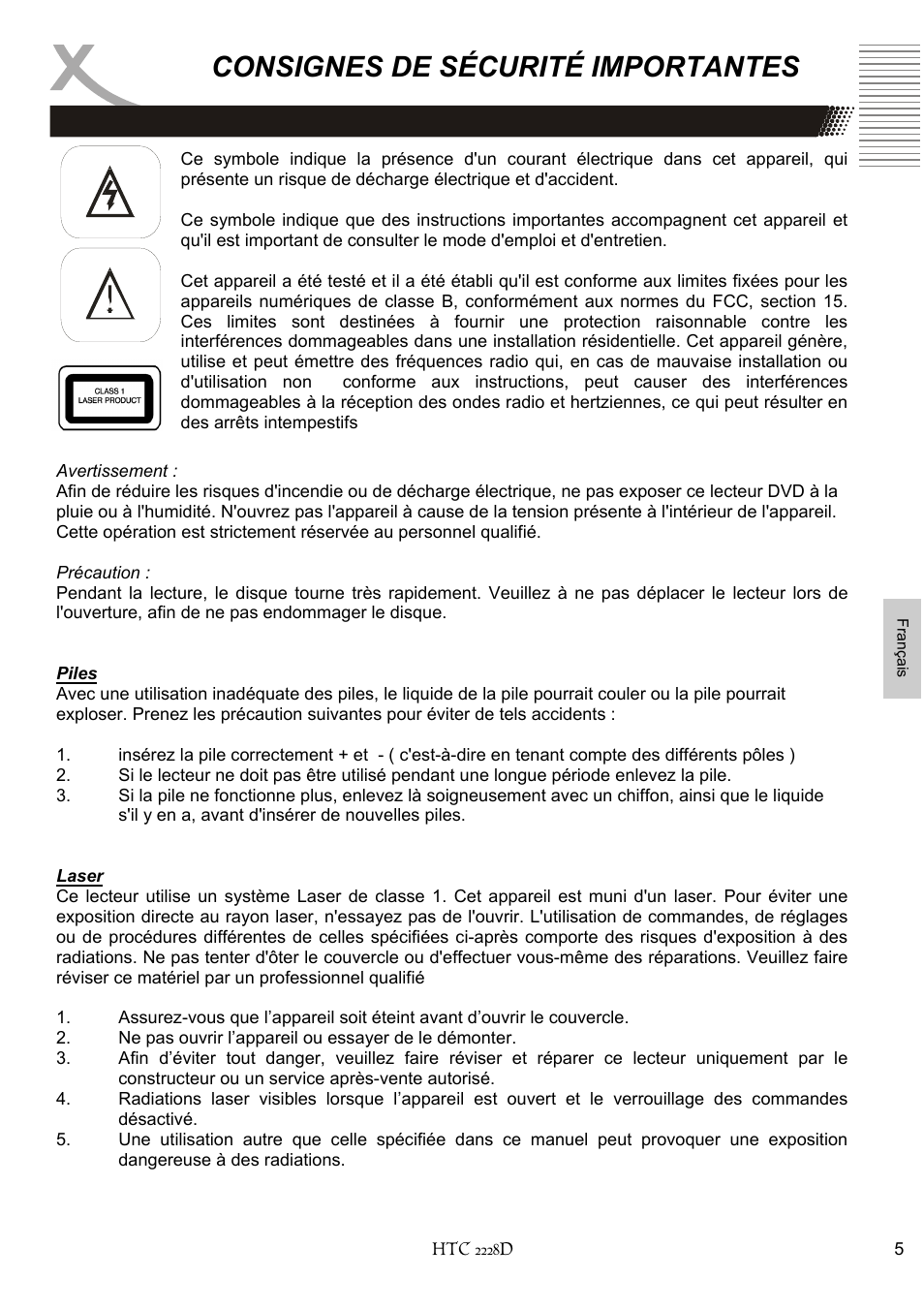 Consignes de sécurité importantes | Xoro HTC 2228D User Manual | Page 121 / 174