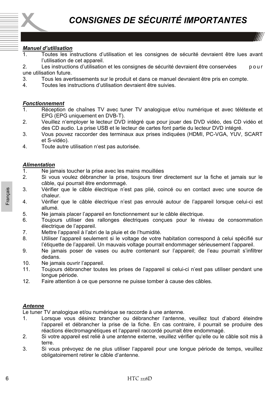 Consignes de sécurité importantes | Xoro HTC 2228D User Manual | Page 122 / 174