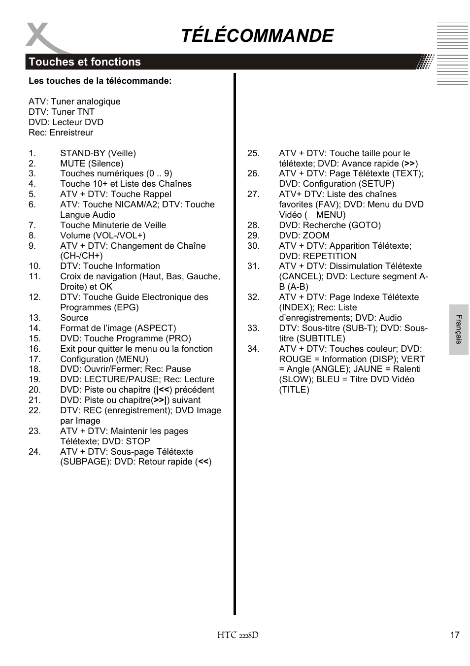 Télécommande, Touches et fonctions | Xoro HTC 2228D User Manual | Page 133 / 174