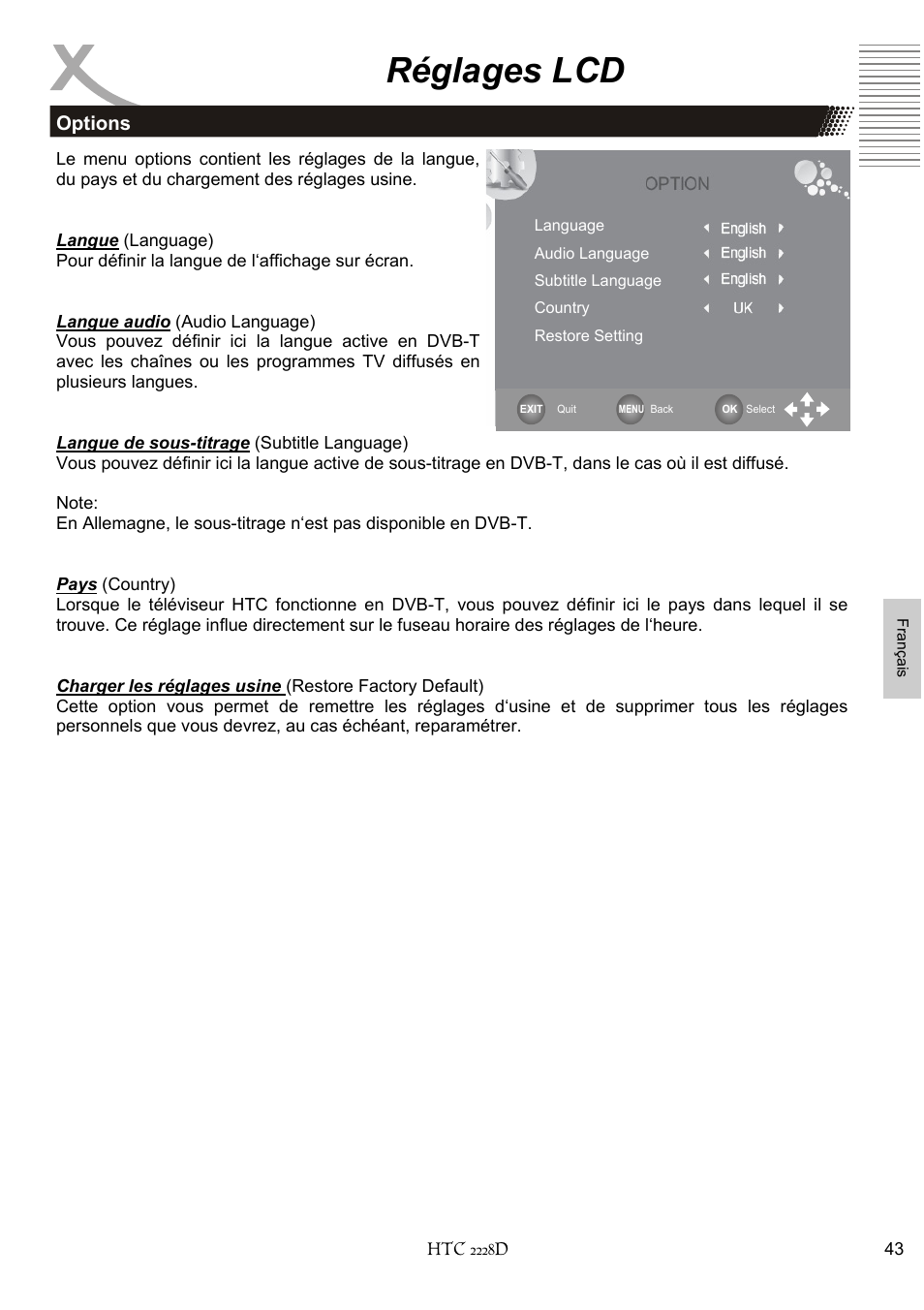 Réglages lcd, Options | Xoro HTC 2228D User Manual | Page 159 / 174