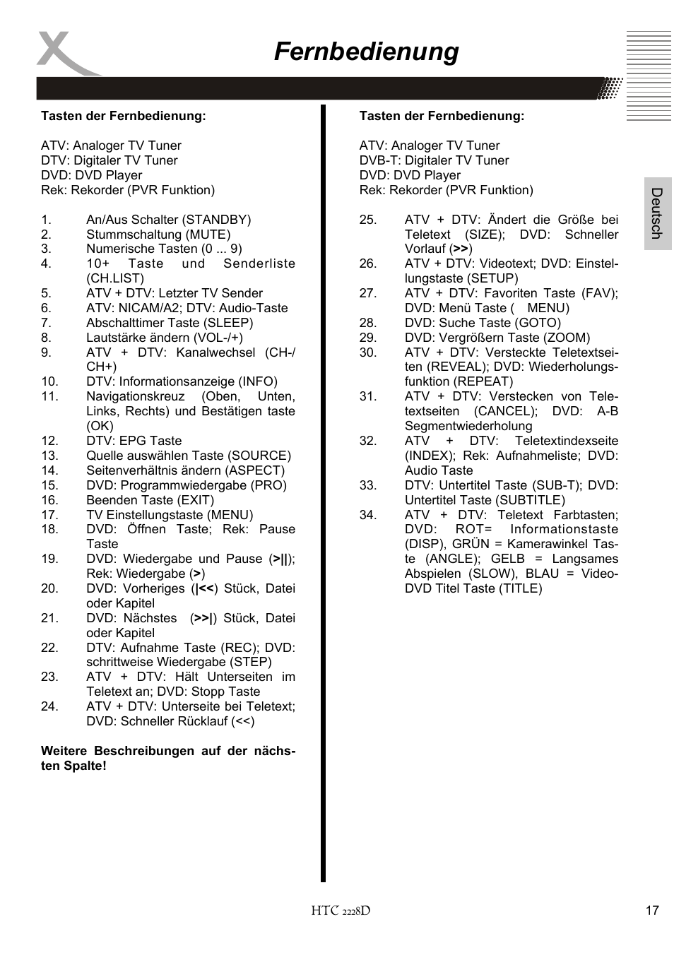 Fernbedienung | Xoro HTC 2228D User Manual | Page 17 / 174