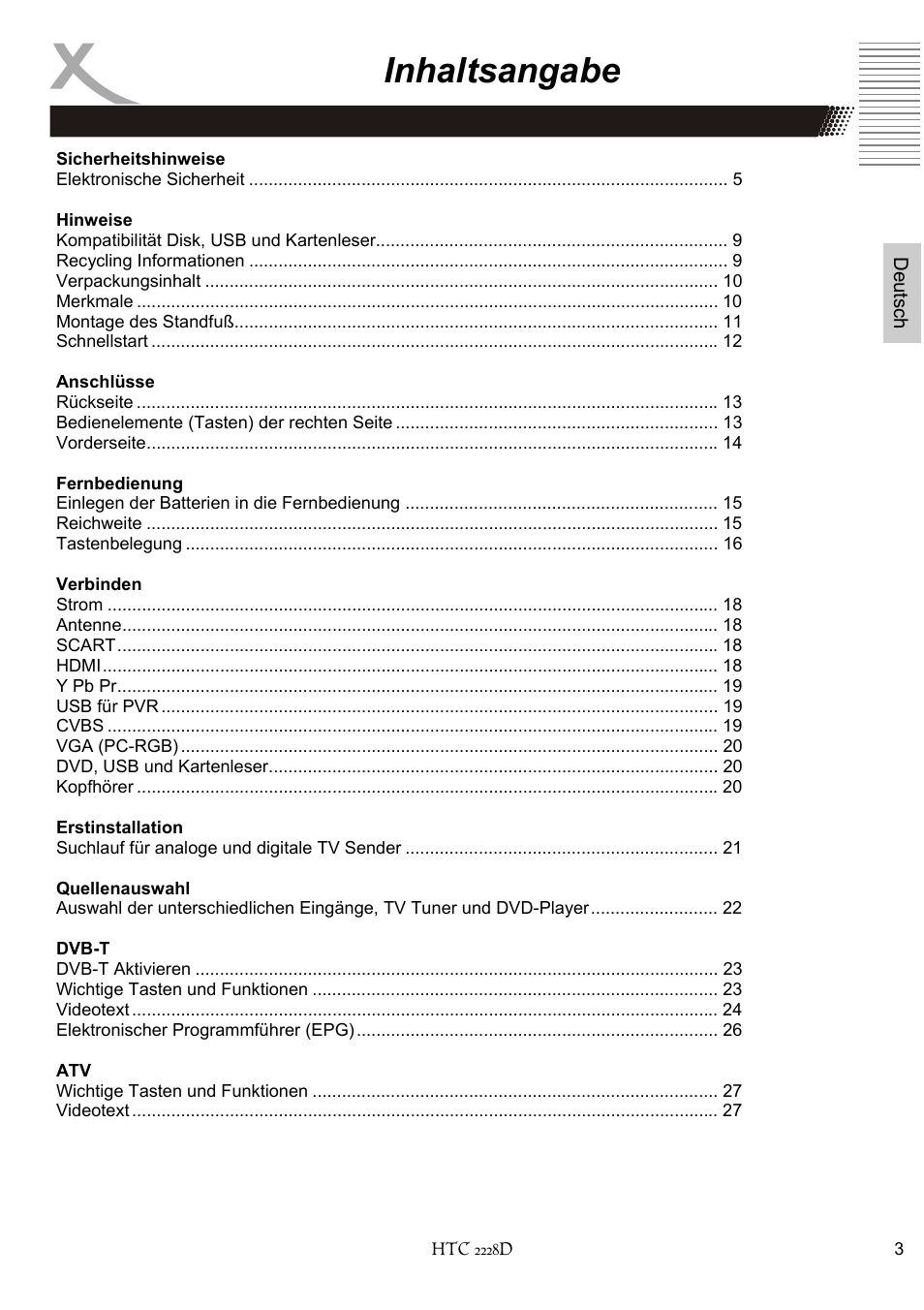 Inhaltsangabe | Xoro HTC 2228D User Manual | Page 3 / 174