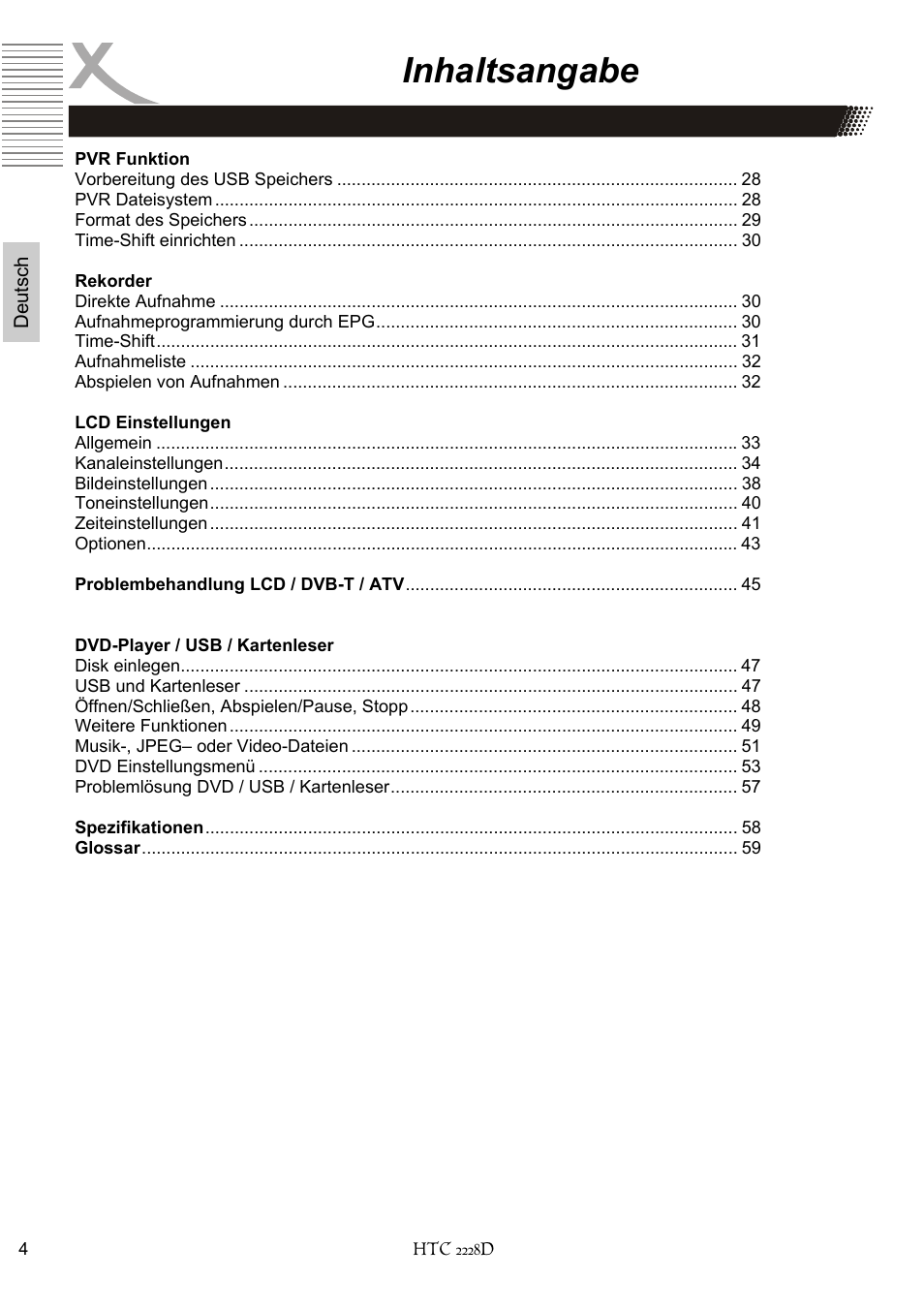 Inhaltsangabe | Xoro HTC 2228D User Manual | Page 4 / 174