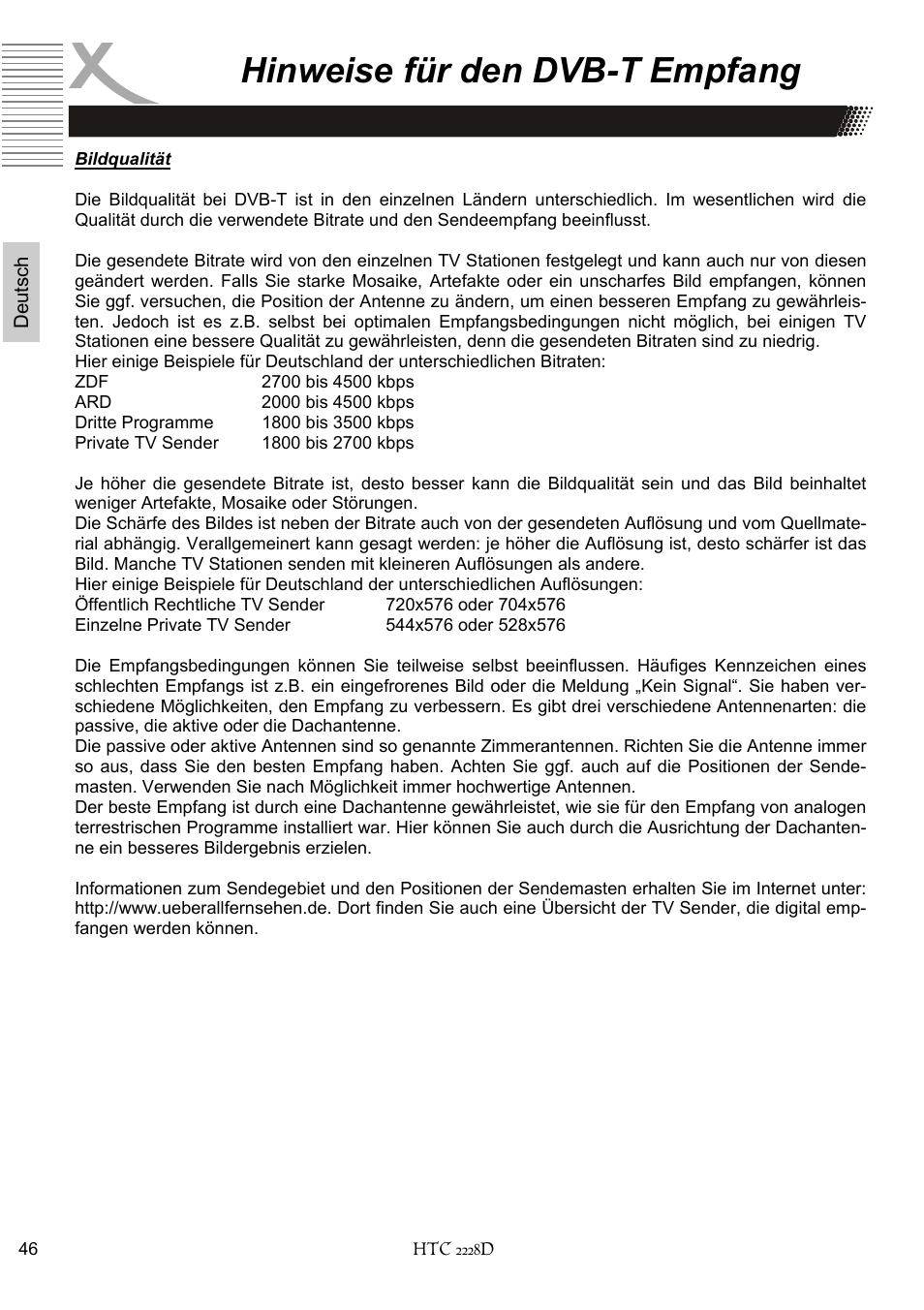 Hinweise für den dvb-t empfang | Xoro HTC 2228D User Manual | Page 46 / 174