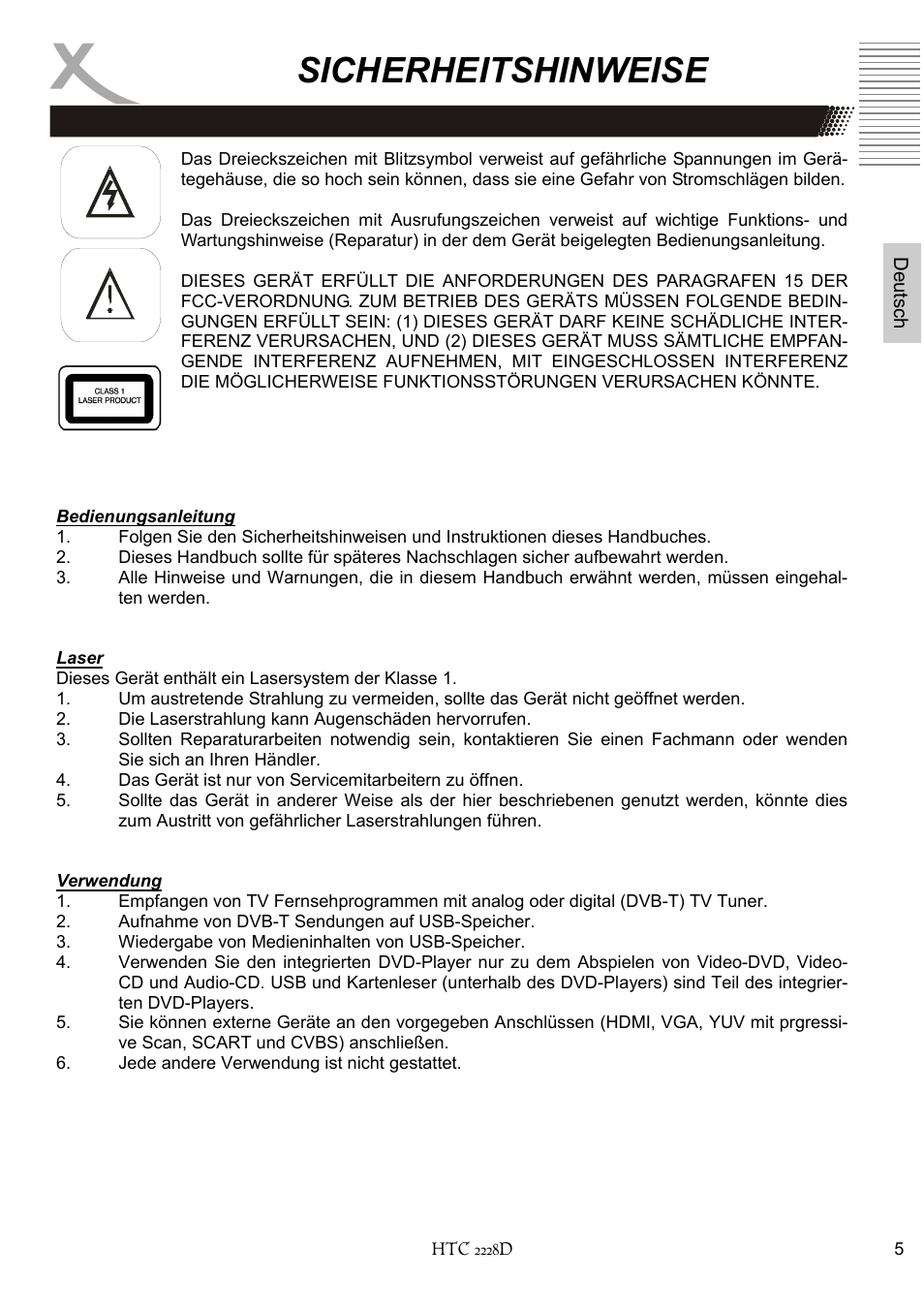 Sicherheitshinweise | Xoro HTC 2228D User Manual | Page 5 / 174