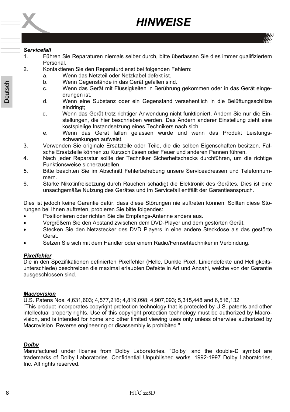 Hinweise | Xoro HTC 2228D User Manual | Page 8 / 174