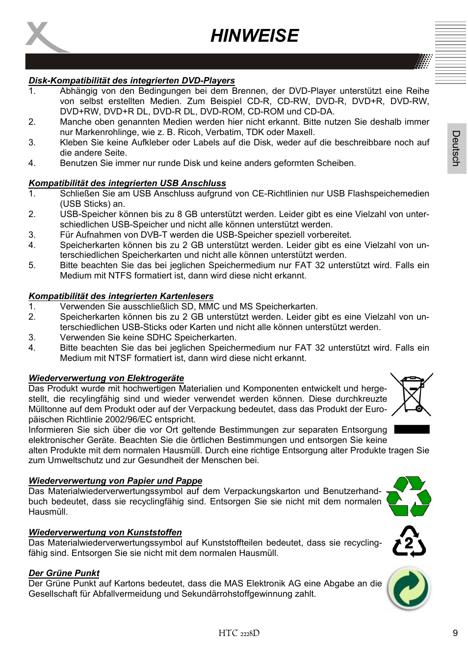 Hinweise | Xoro HTC 2228D User Manual | Page 9 / 174