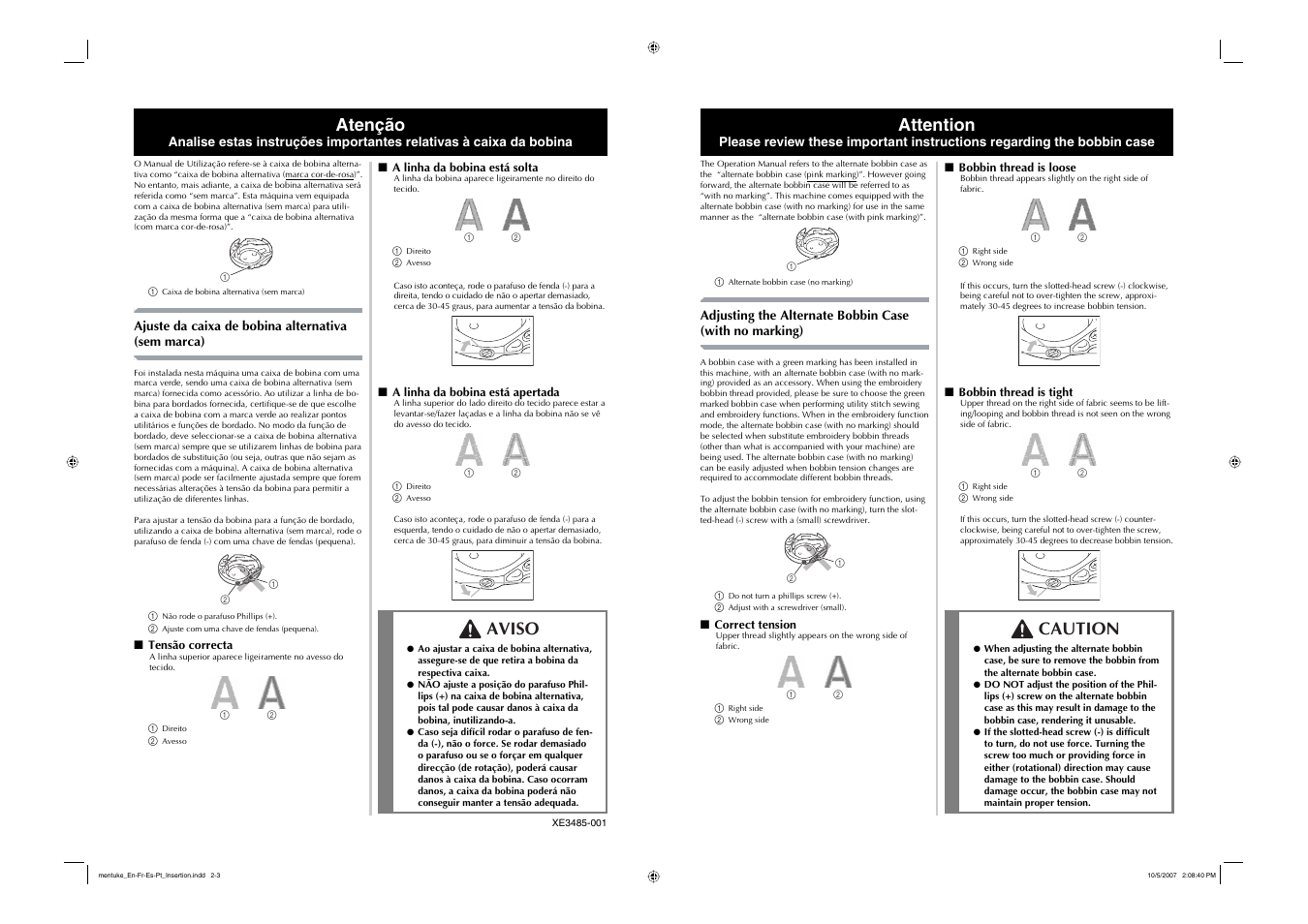 Attention, Caution, Atenção | Aviso | Brother Innov-is 1200 User Manual | Page 4 / 4