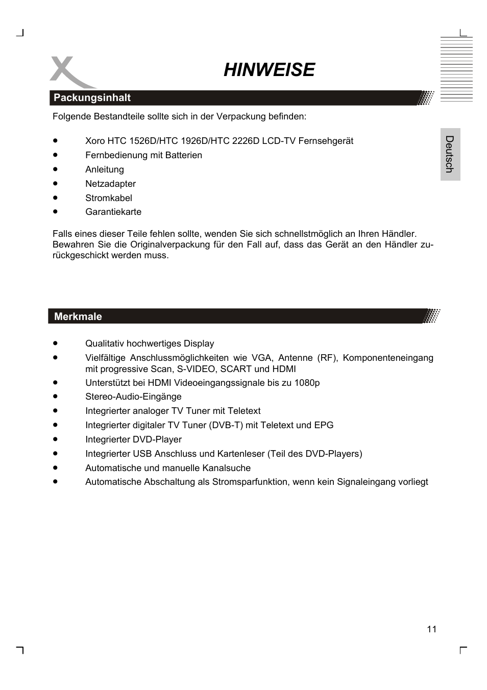 Hinweise | Xoro HTC 1926D User Manual | Page 11 / 304