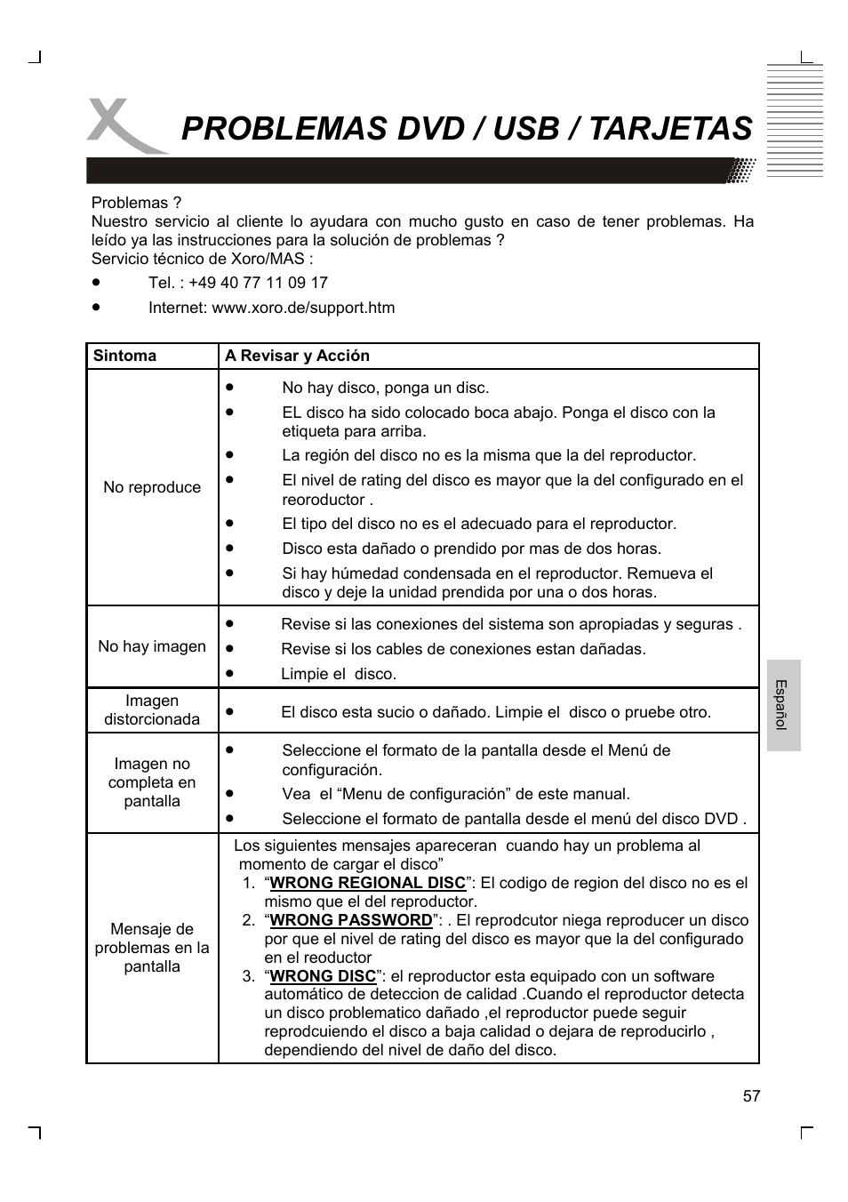 Problemas dvd / usb / tarjetas | Xoro HTC 1926D User Manual | Page 299 / 304