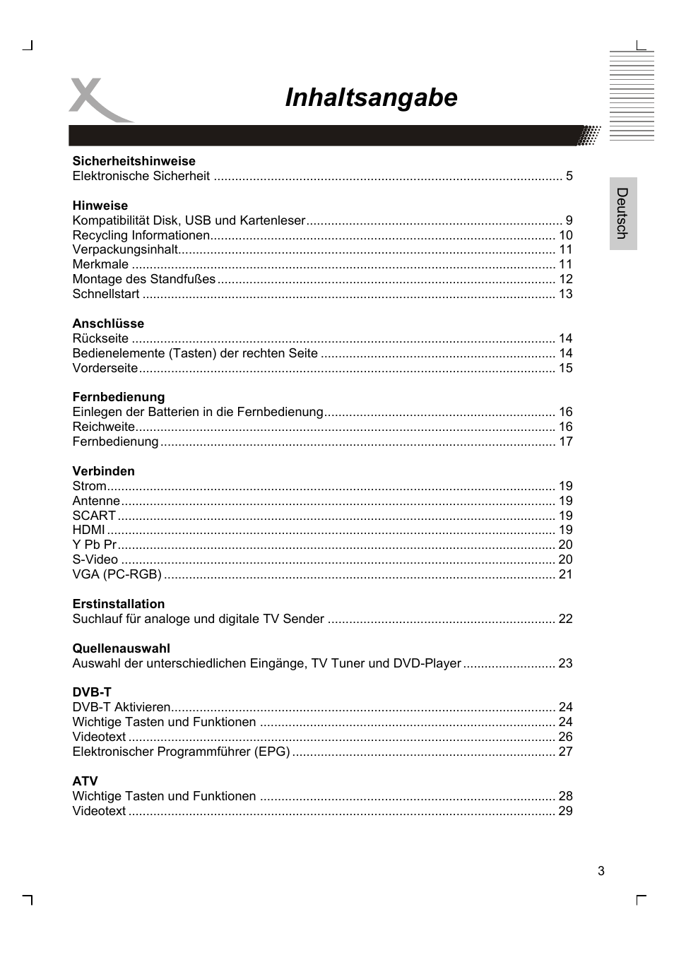 Inhaltsangabe | Xoro HTC 1926D User Manual | Page 3 / 304