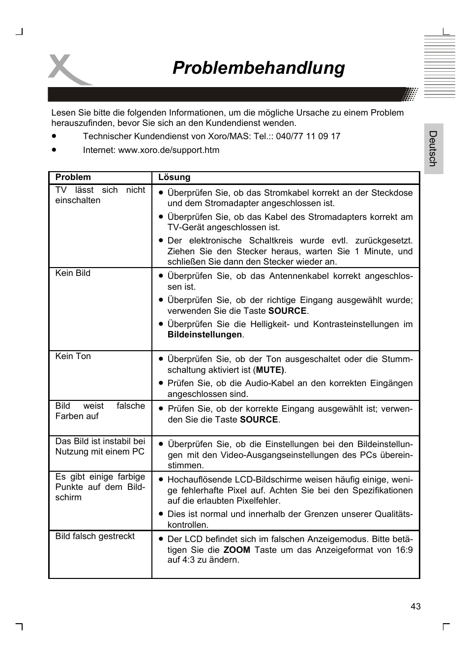 Problembehandlung | Xoro HTC 1926D User Manual | Page 43 / 304